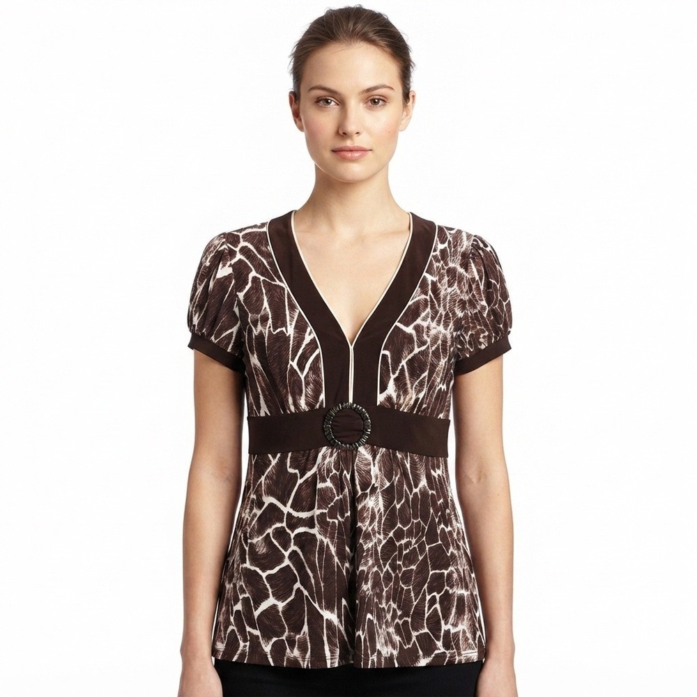 Mixxology Top Womans XL Brown White Giraffe Empire Waist V-Neck Short Sleeve